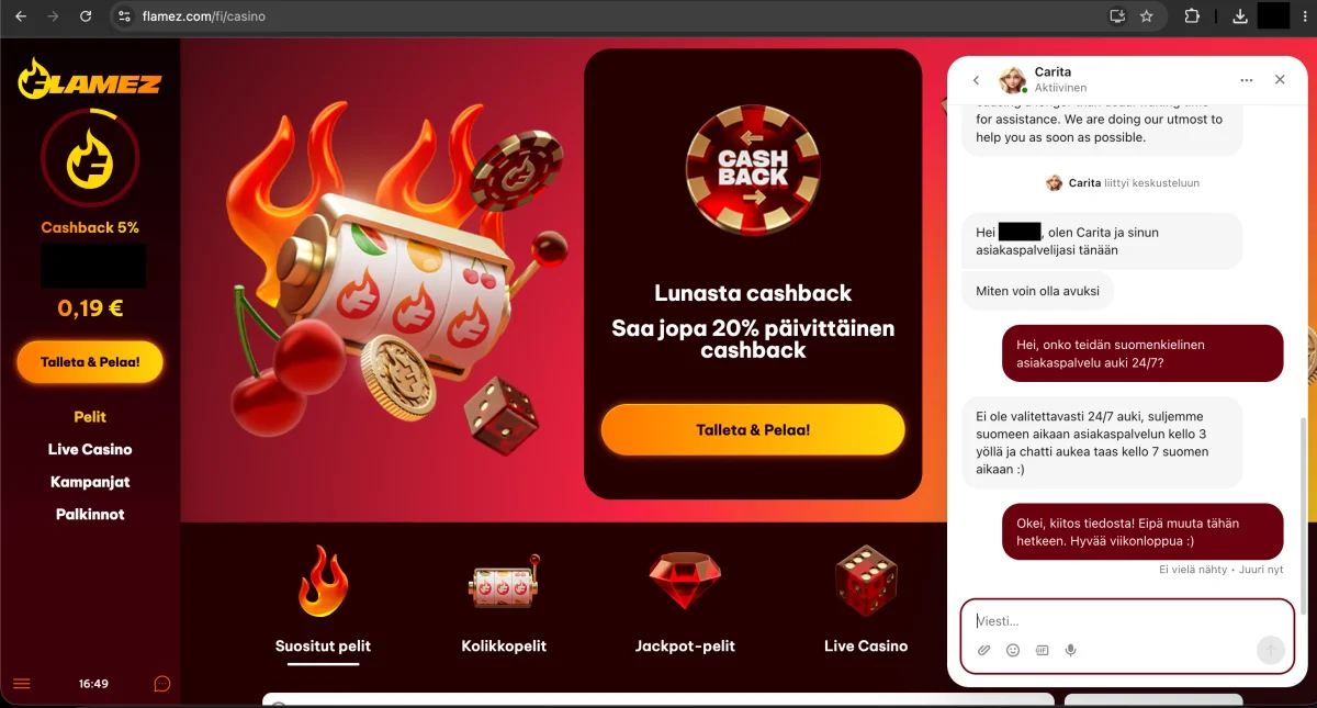 Flamez casinon asiakaspalvelun chat, jossa Carita vastaa kysymykseen suomenkielisen chatin aukioloajasta.