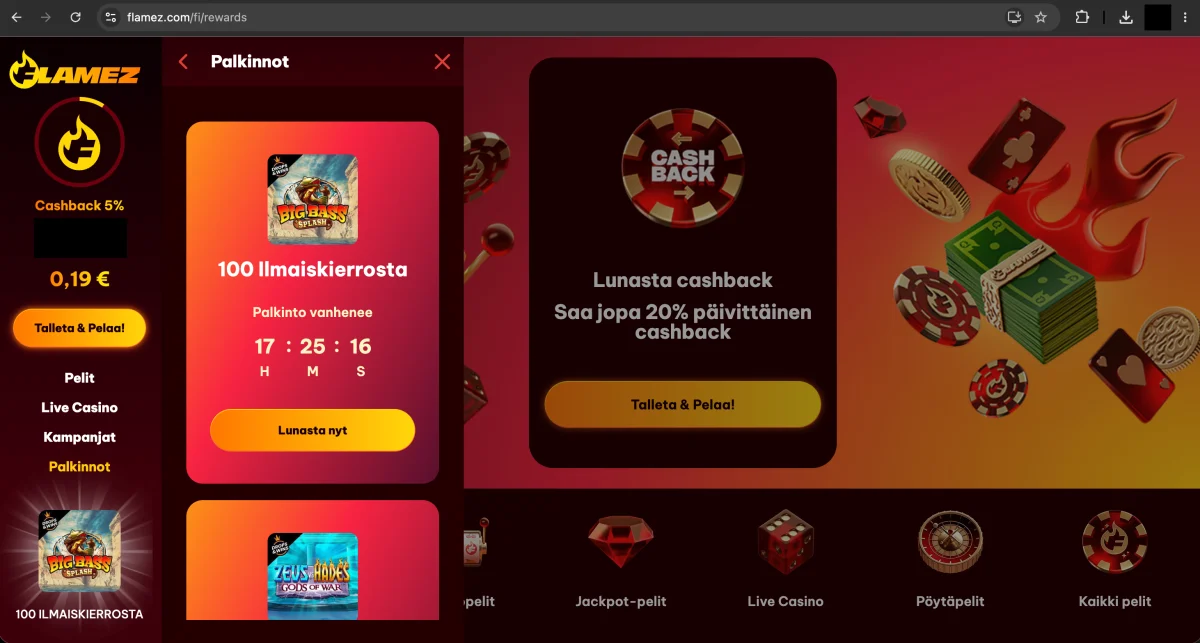 Flamez casinon tervetulotarjouksen 100 ilmaiskierrosta Big Bass Splashiin