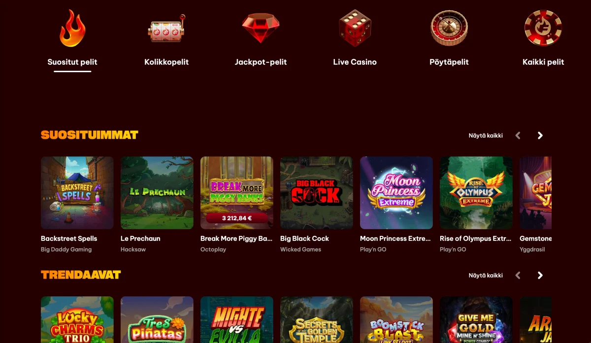 Pelivalikoima Flamez casinolla, johon kuuluvat muun muassa kolikkopelit, live casino ja pöytäpelit