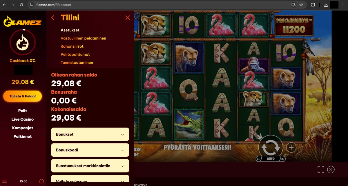 Flamez casinon näkymä jossa näkyy oikean rahan saldo