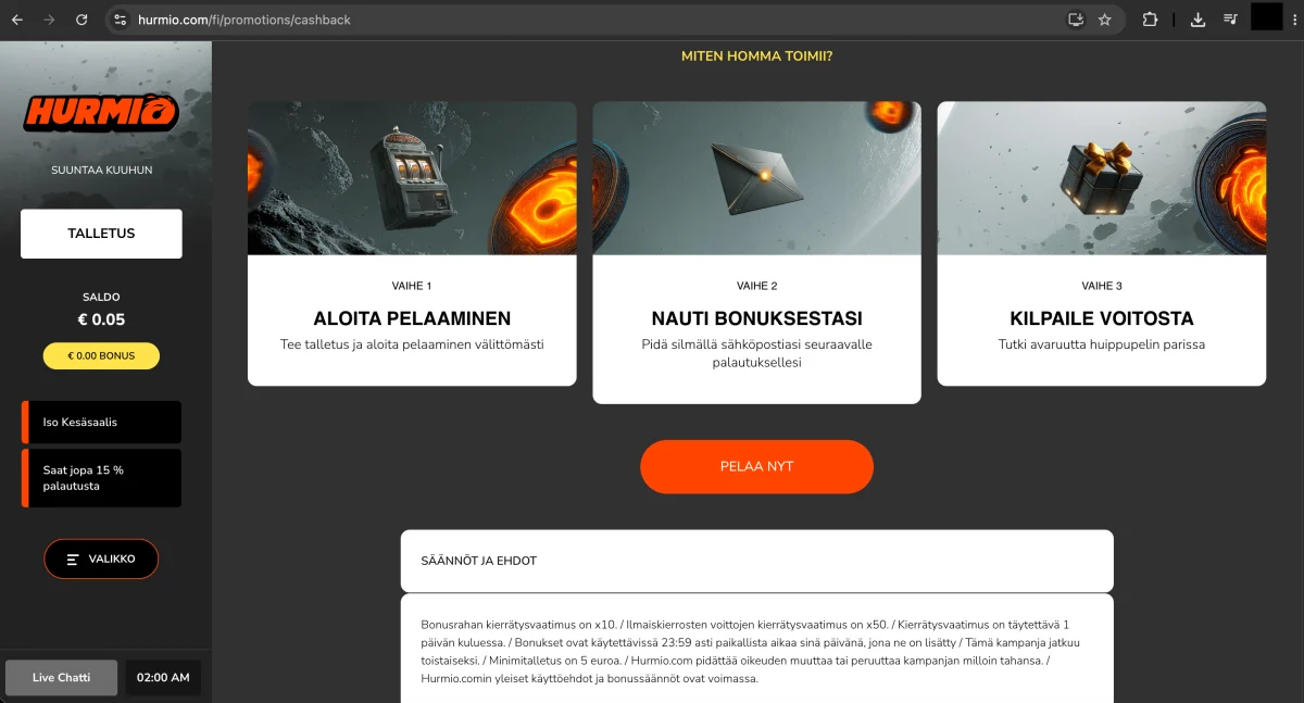 Cashback bonuksen säännöt ja ehdot Hurmio Casinolla