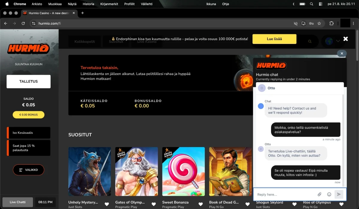 Hurmio casinon asiakaspalvelun chat, jossa Otto vastaa kysymykseen.
