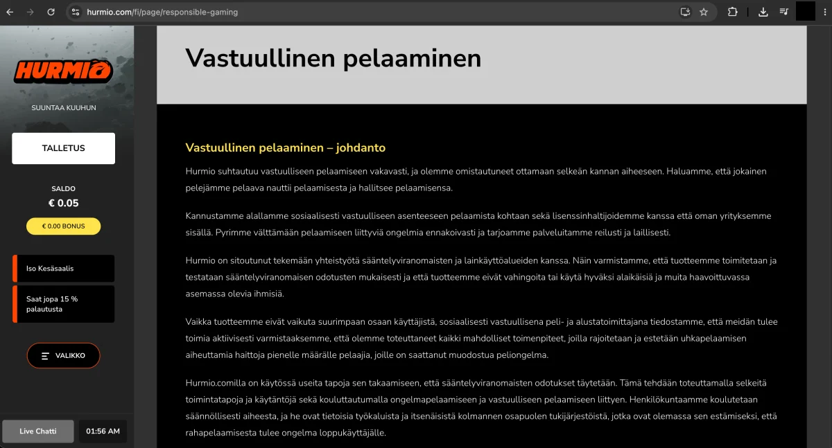 Vastuullisen pelaamisen sivu Hurmio Casinolla