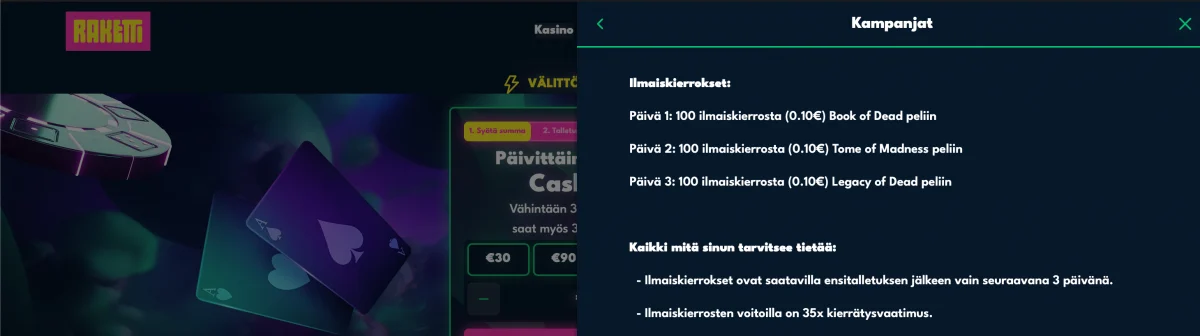 Raketti-kasinon tervetulotarjouksen ehdot, joissa 35-kertainen kierrätysvaatimus ja kierrosten 24 tunnin vanheneminen