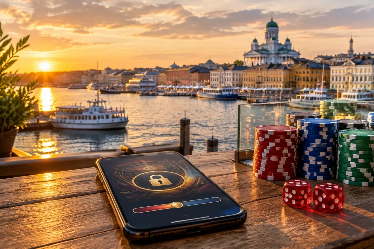 Helsingin satama auringonlaskussa, älypuhelin ja pelimerkit